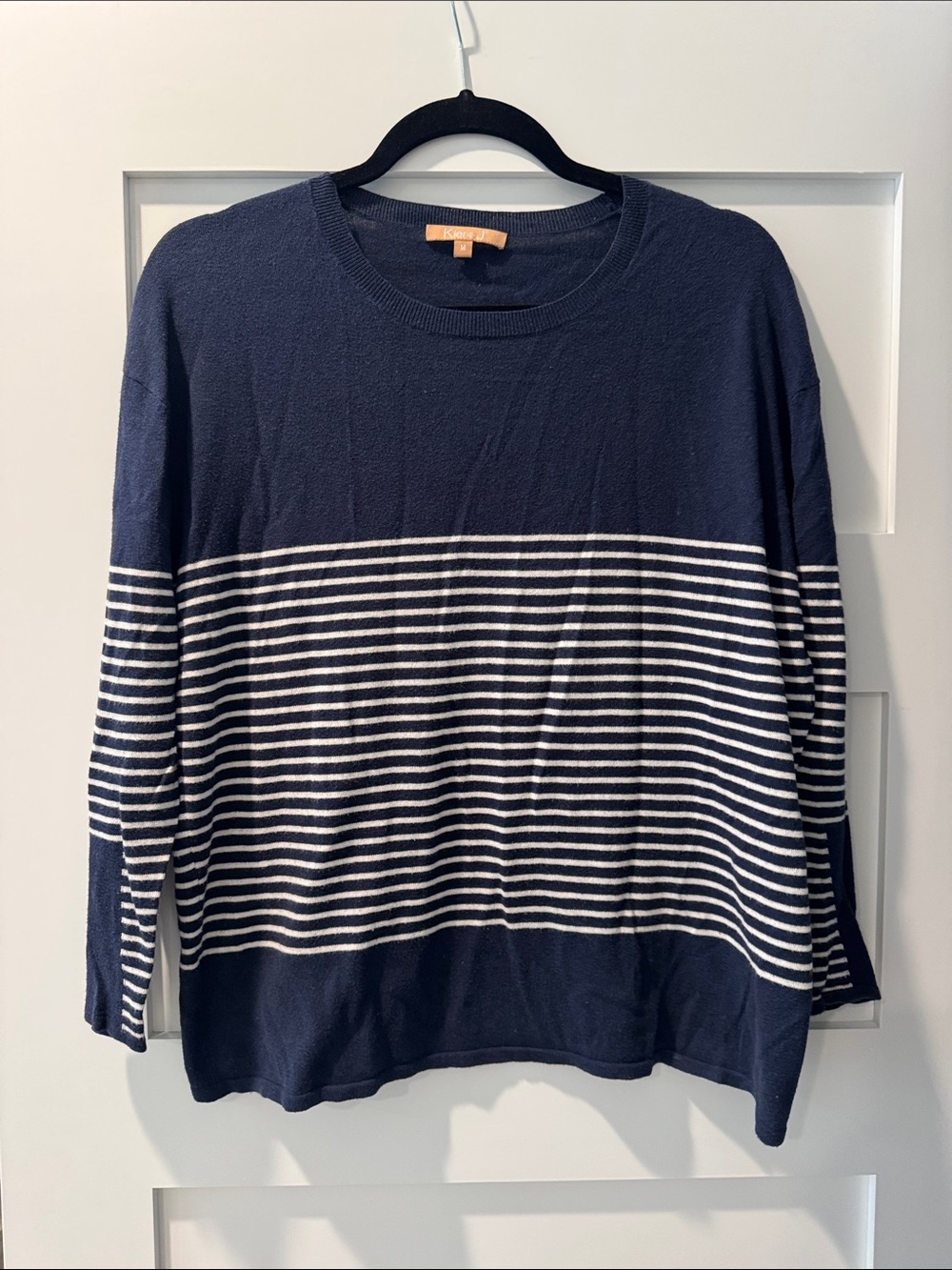 KIER + J Navy and White Striped Crewneck Sweater